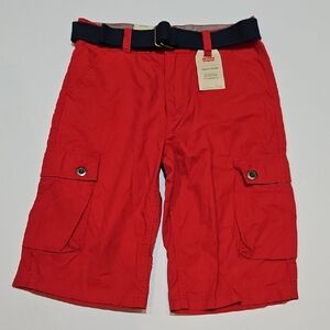 Levi's Vibrant Red Cargo Shorts with Navy Webbed Belt - Size Waist 28